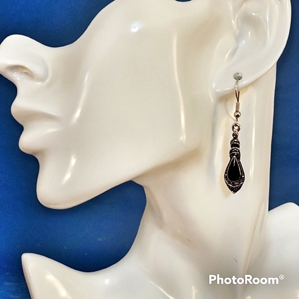 Silvertone Black Enamel Spike Goth Castlecore Dangle Hook Earrings